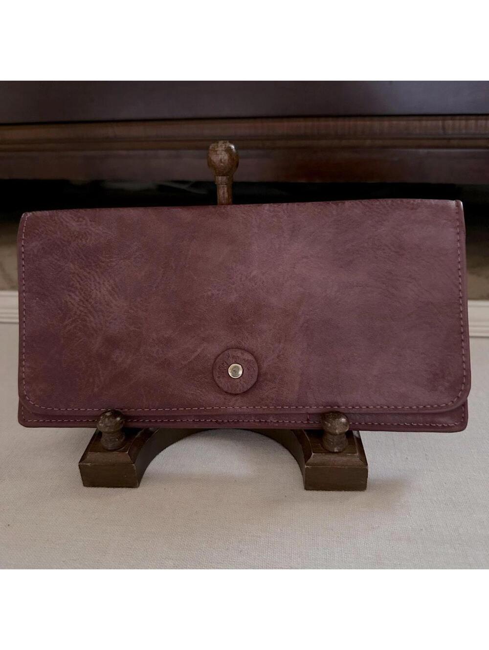 Vintage Wanderlust burgundy leather passport / travel wallet with plaid lining.